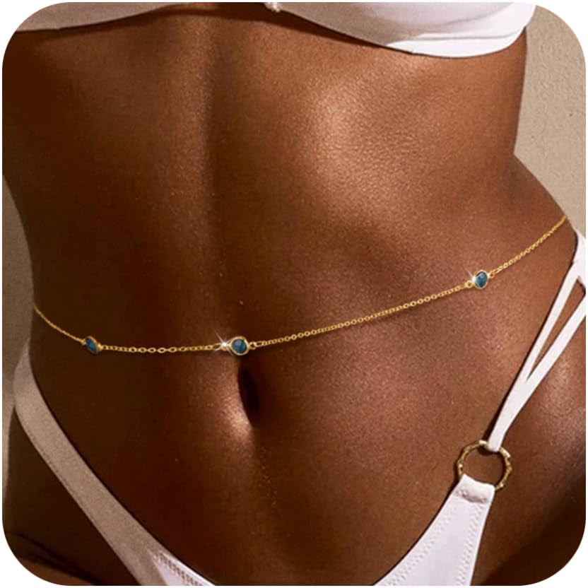 BERISO 14K Gold Plated Body Chain for Women - Sexy Waist Beads Chain, Adjustable Beach Body Jewelry, Elegant Bikini Belly Chain, Boho Festival Layered Body Jewelry (26.5-33 Inch)