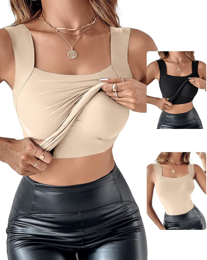CHICME Womens U Neck Shapewear Built-In Bra Tank High Strechy Sleeveless Slim Fit Tops Camisole Workout Tops