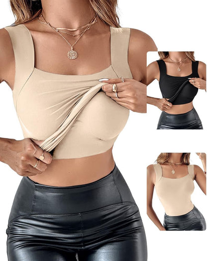 CHICME Womens U Neck Shapewear Built-In Bra Tank High Strechy Sleeveless Slim Fit Tops Camisole Workout Tops