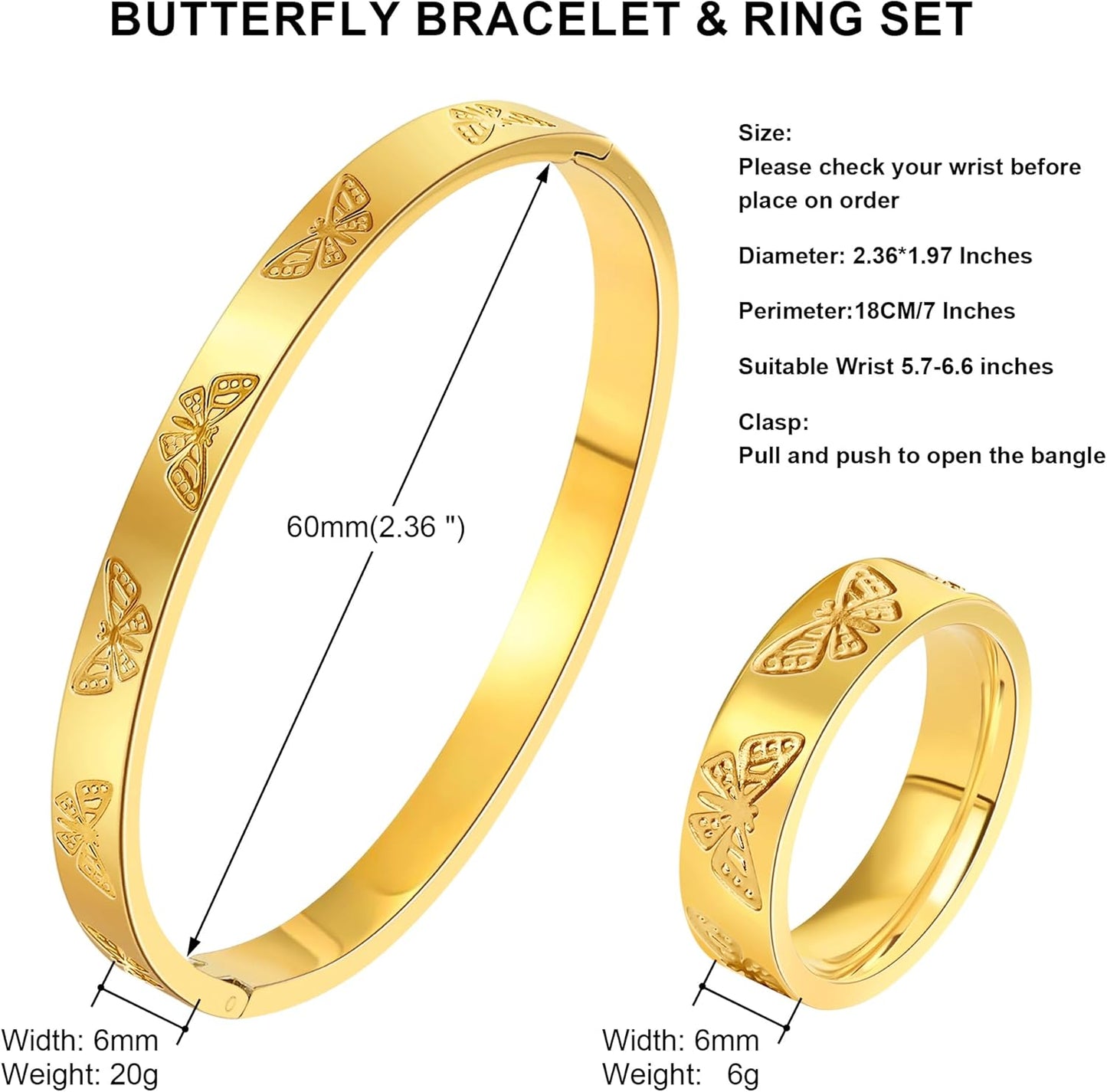 Gold Silver Butterfly Clover Bracelet Ring Set, Stainless Steel Cuff Bangle Jewelry Dainty Love Design for Women Wedding Birthday Gift