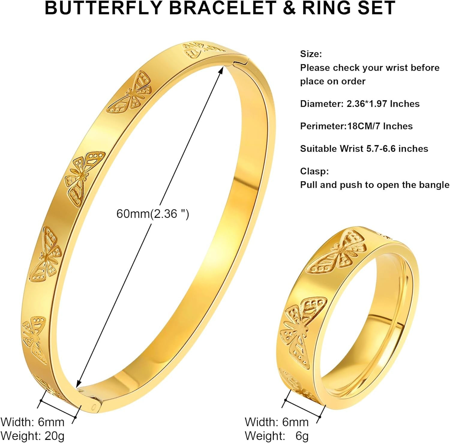 Gold Silver Butterfly Clover Bracelet Ring Set, Stainless Steel Cuff Bangle Jewelry Dainty Love Design for Women Wedding Birthday Gift