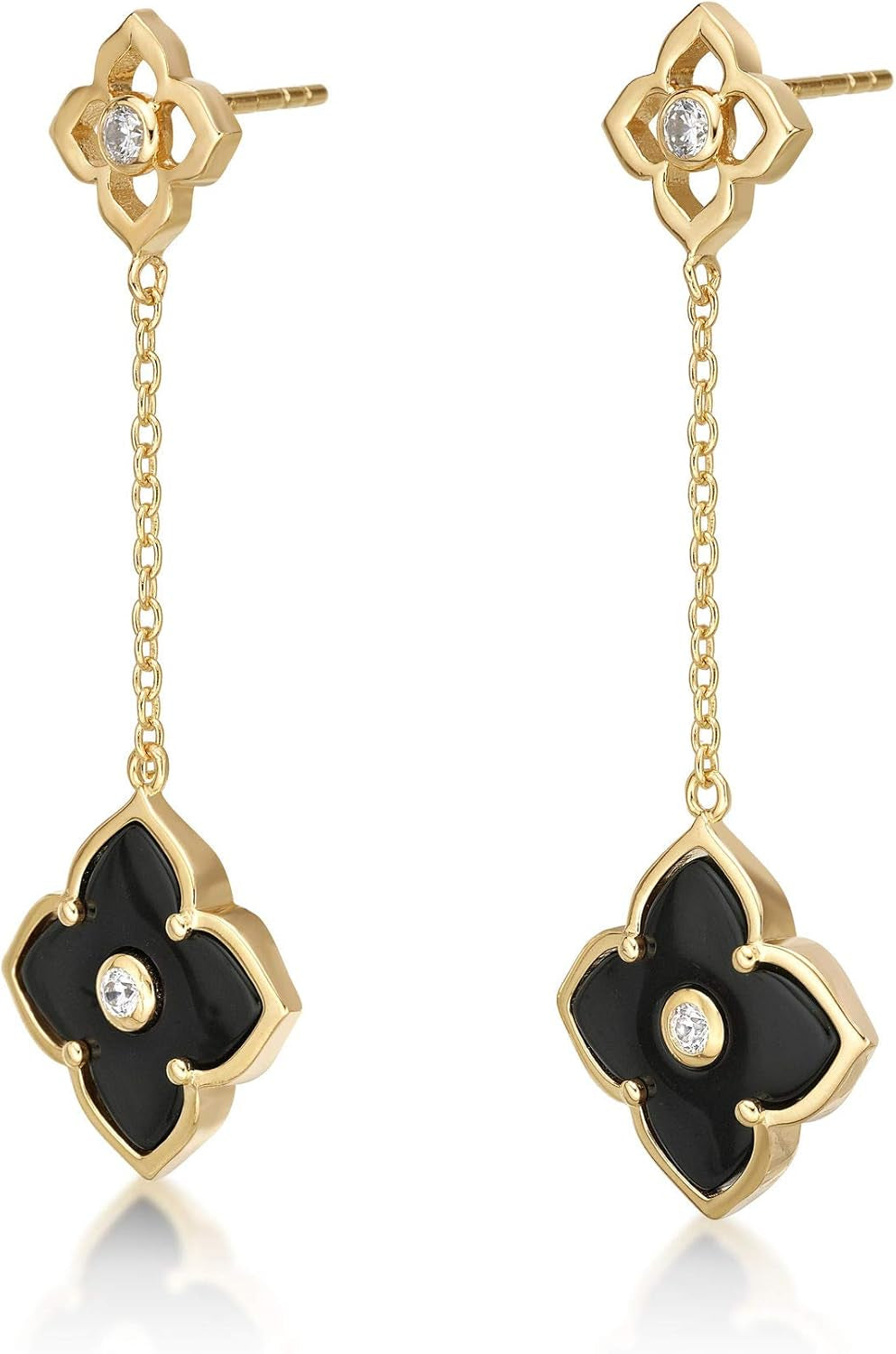 Black Onyx Flower Dangle Drop Earrings for Women in 925 Sterling Silver with Yellow Gold Plating Friction Back by Lavari Jewelers
