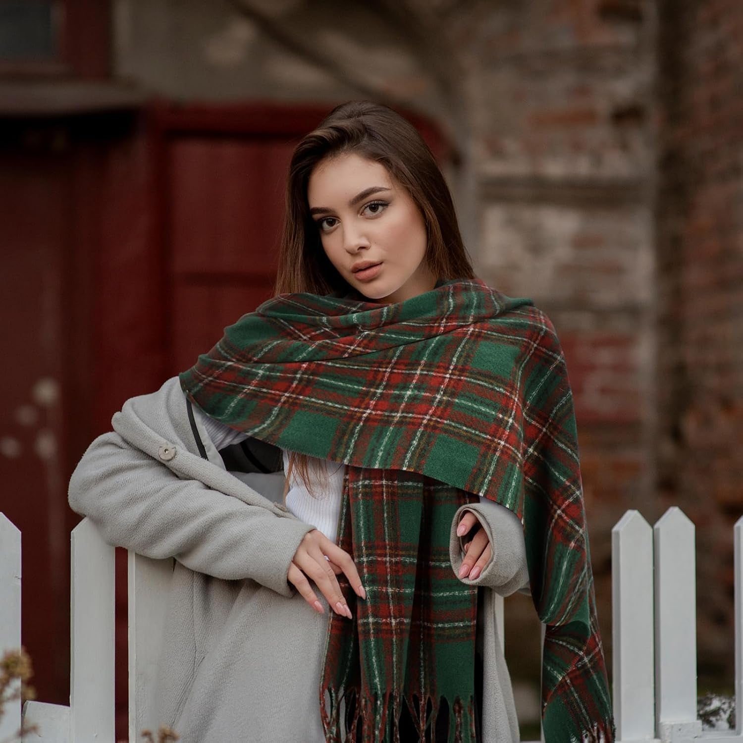 Coume Christmas Plaid Scarf for Women Men Soft Green Buffalo Plaid Winter Scarf Cashmere Feel Fashion Tartan Gifts