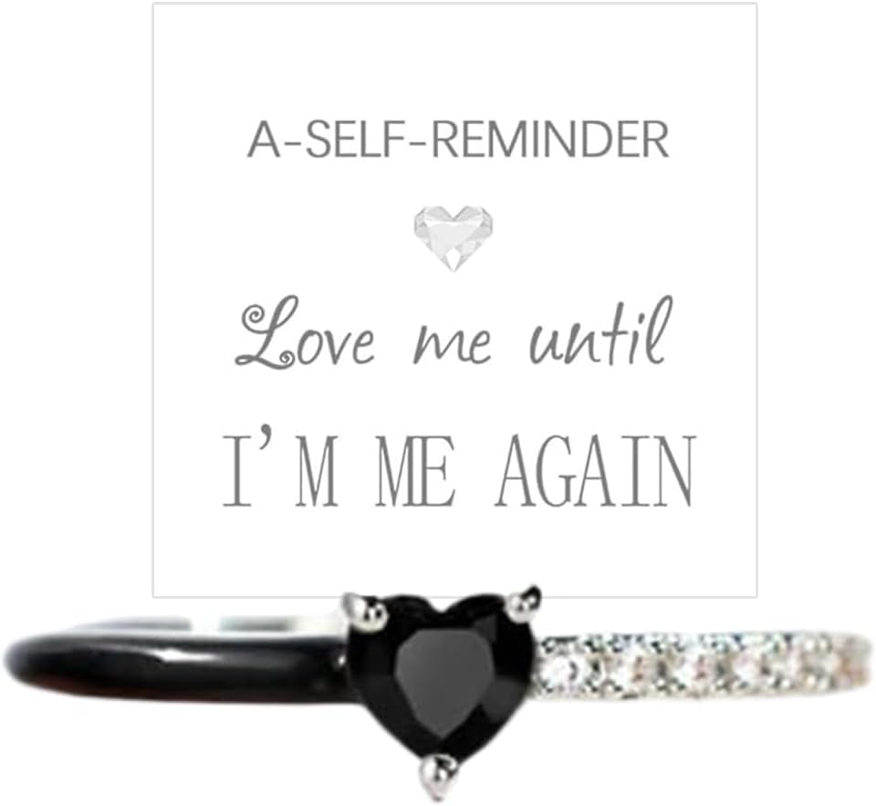 Love Me until I'M Me Again Black Heart-Cut Half Enamel Ring, S925 Sterling Silver Heart Rings Self-Love Ring Gift, Heart Rings Birthday Gifts for Women, Daughter, Wife, Friends