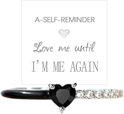Love Me until I'M Me Again Black Heart-Cut Half Enamel Ring, S925 Sterling Silver Heart Rings Self-Love Ring Gift, Heart Rings Birthday Gifts for Women, Daughter, Wife, Friends