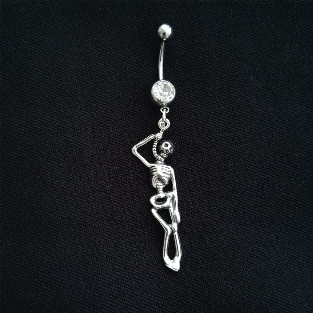 Punk Skeleton Belly Button Ring, Cool Stainless Steel 14G Navel Barbell Ring with Dangle Pendant, Unique Piercing Body Jewelry