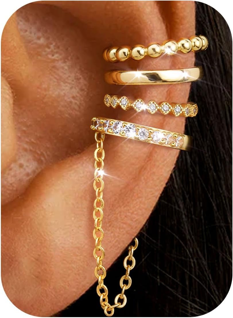 Florideco 4Pcs Ear Cuffs Non-Piercing for Women Dainty 14K Gold Plated Clip on Cartilage Earrings Hypoallergenic Huggie Hoop Cuffs Fake Earings for Non Pierced Ears