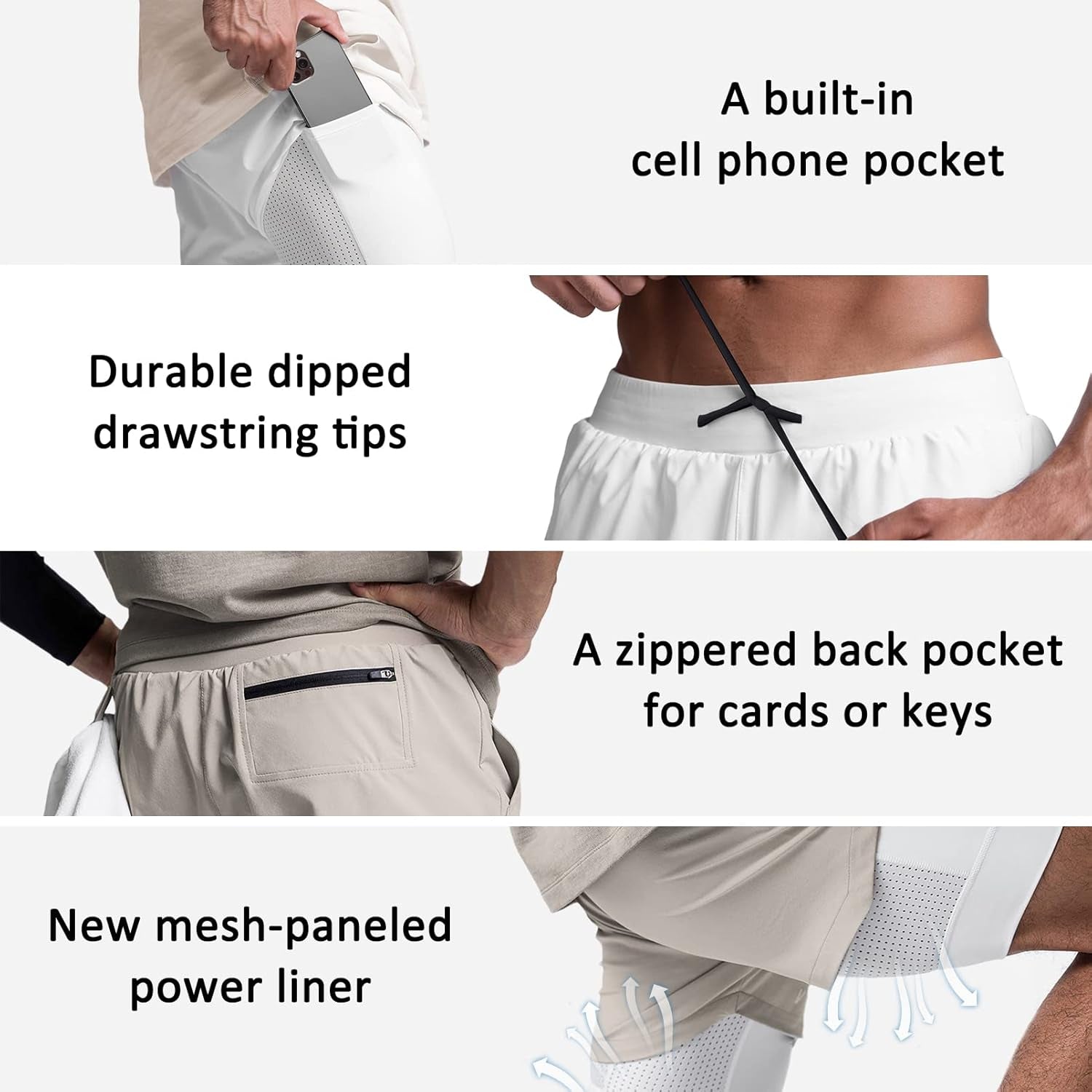 Flat lay of men's gym shorts with measurements