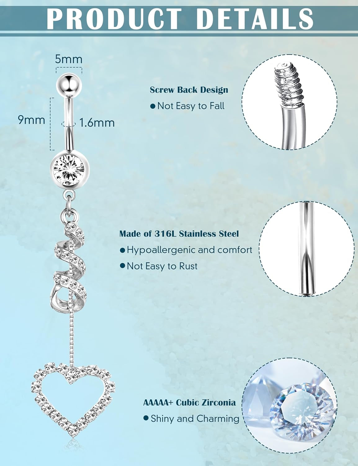 LOLIAS 7 Pcs 14G Dangle Belly Button Rings for Women 316L Surgical Steel Curved Navel Barbell Body Jewelry Piercing