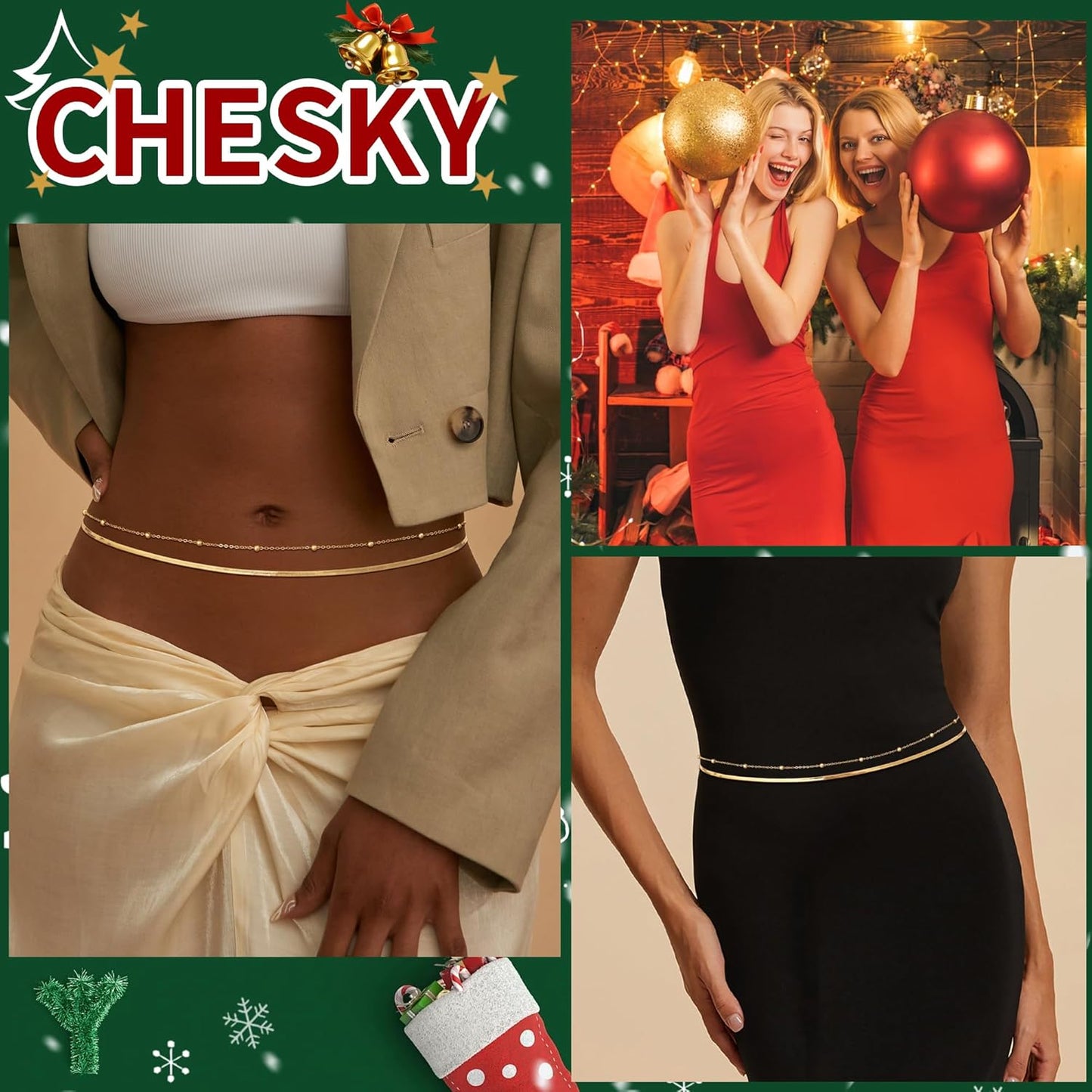 CHESKY 14K Gold Plated Silver Plated Waist Chain for Women, Layered Belly Belt Chains Beach Waist Beads Chain Waterproof Snake Cuban Body Chain Summer Jewelry Accessories for Women