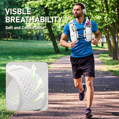 Reflective strips on black running hydration vest for visibility