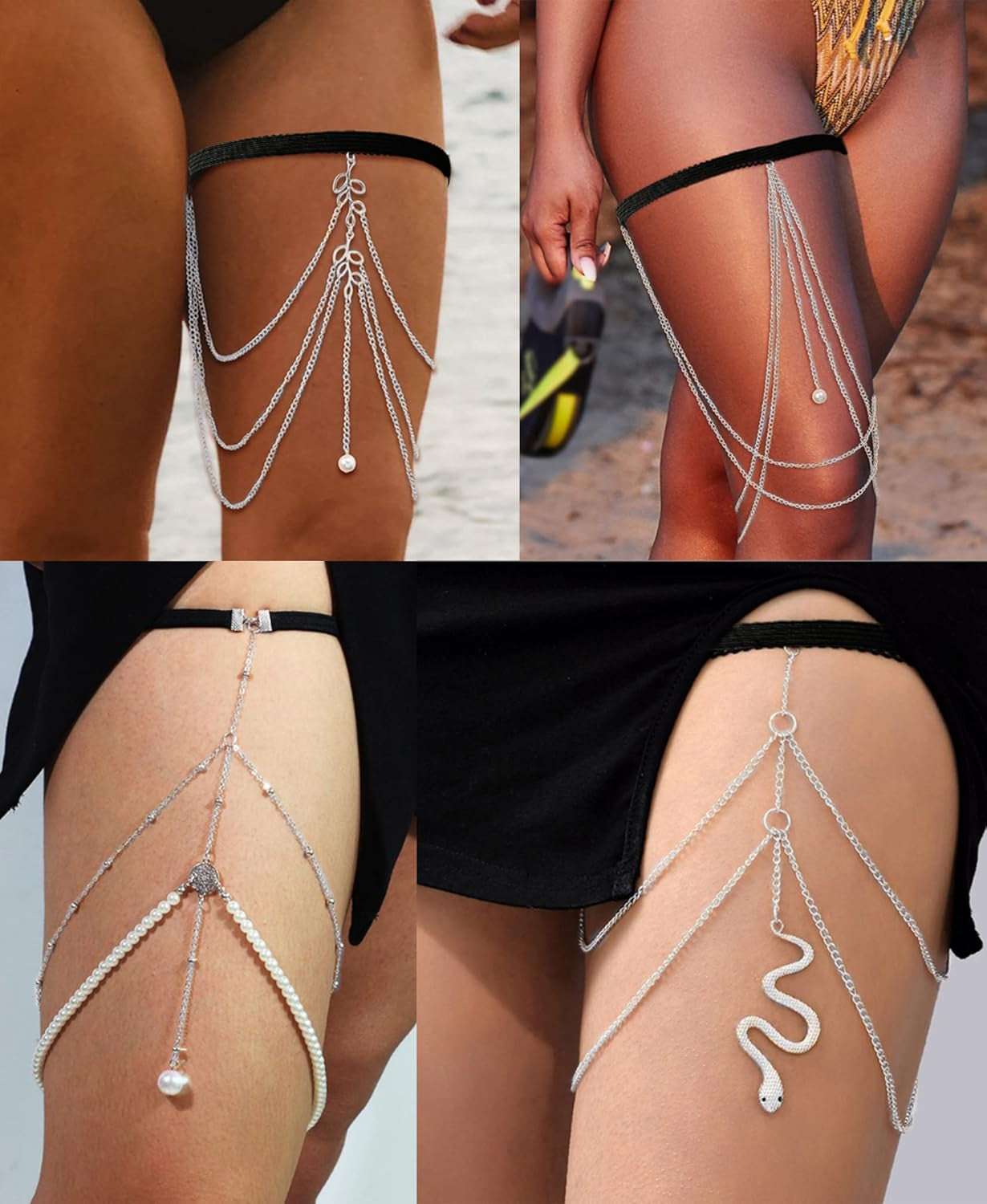 Tornito 12Pcs Thigh Chains Snake Heart Pearl CZ Leg Chain Boho Layered Body Chain Summer Beach Party Body Jewelry for Women Silver Gold Tone