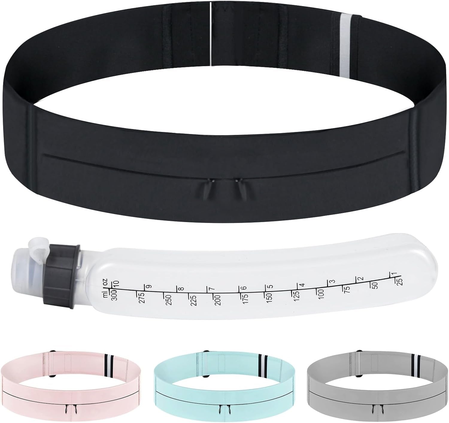 Black running belt fanny pack worn by woman during outdoor jog