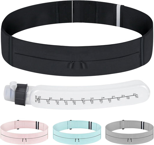 Black running belt fanny pack worn by woman during outdoor jog