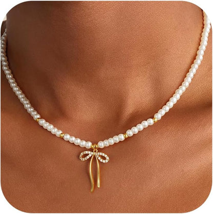 Gold Bow Necklace for Women - 18K Gold Plated Dainty Gold Necklace Cute Small Tiny Bow Pendant Choker Chain Necklaces Trendy Necklaces for Women Gold Jewelry Gift