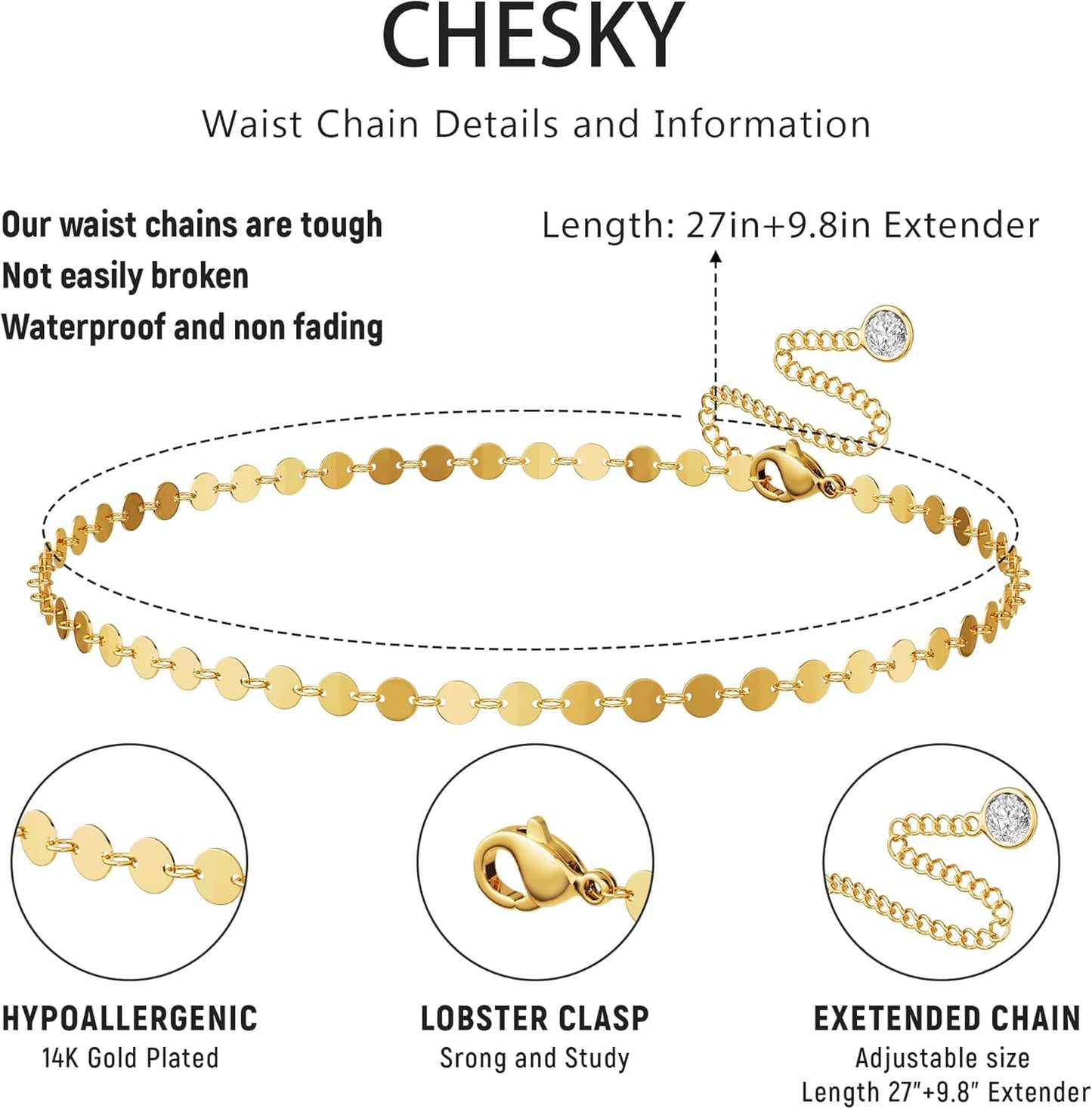 CHESKY Gold Waist Chain, Dainty Body Chain Jewelry for Women Non Tarnish Adjustable Waterproof Belly Chain Sexy Waist Beads for Womens Chain Belt Bow Heart Cross Gold Fall Jewelry for Women