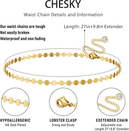 CHESKY Gold Waist Chain, Dainty Body Chain Jewelry for Women Non Tarnish Adjustable Waterproof Belly Chain Sexy Waist Beads for Womens Chain Belt Bow Heart Cross Gold Fall Jewelry for Women