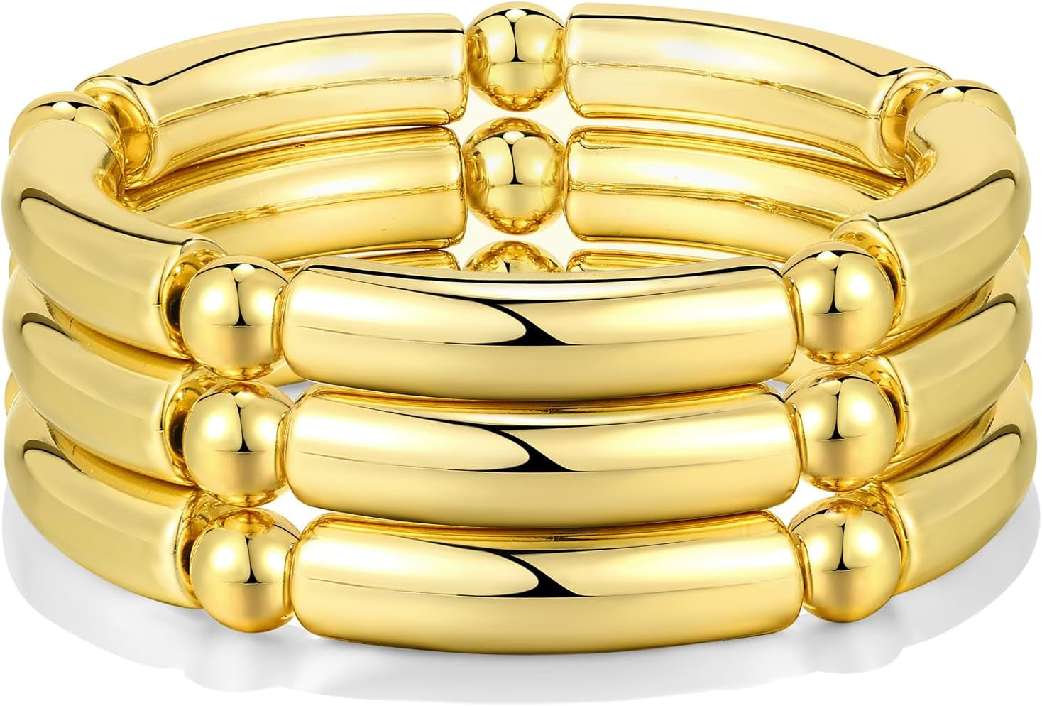 Gold Chunky Bangles Bracelets for Women 14K Gold Plated Stack Layered Curved Bamboo Tube Stretch Bracelets Gift Jewelry