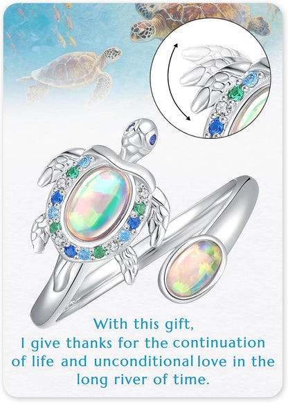 925-Sterling-Silver Opal/Turquoise Sea Turtle/Dolphin/Sea Life Ring - Inspirational I Love You Forever Adjustable Open Nature Ocean Mother Daughter Ring Cute Animal Jewelry Gifts for Women