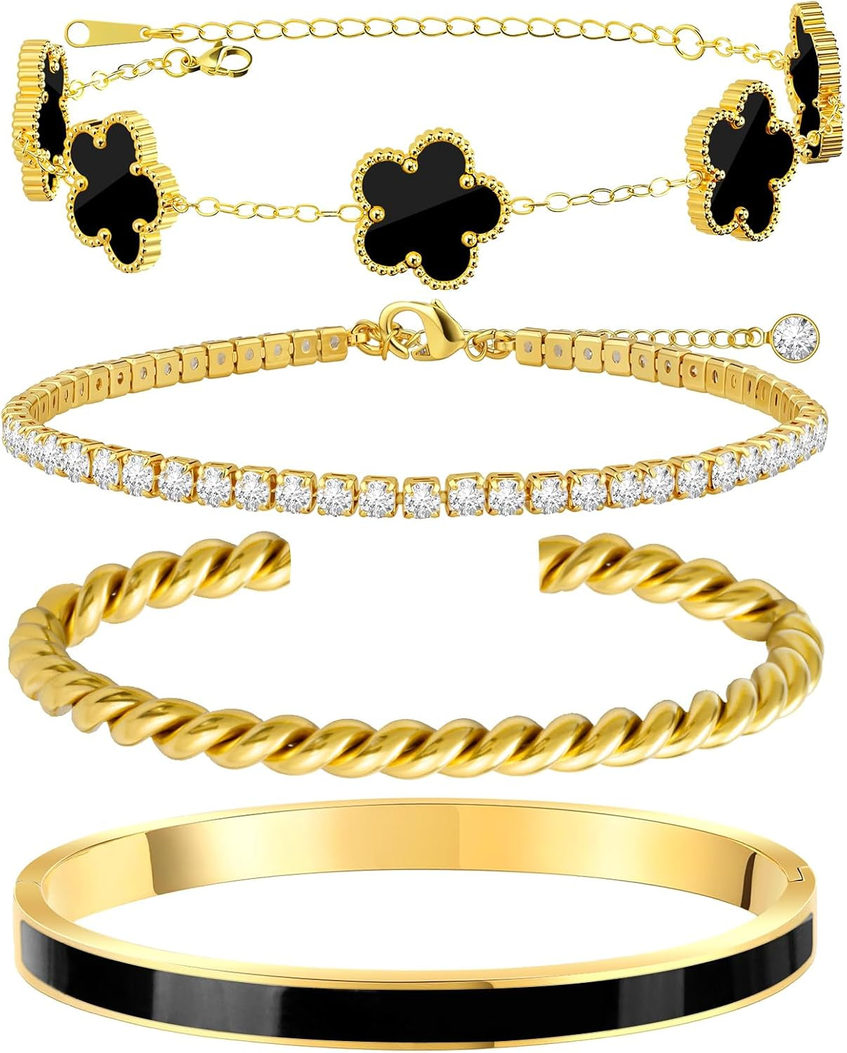 Gold Bracelets for Women, 18K Gold Plated Tennis Nail Clover Love Bangle Bracelets Set Non Tarnish, Stainless Steel Trendy Stackable Bracelet Fashion Jewelry Accessories Gifts for Christmas