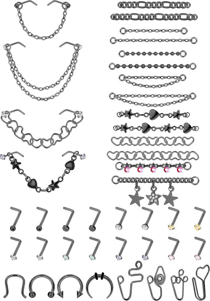 20G Nose Rings Studs with Chains African Nose Ring Cuff Horseshoe Septum Rings Stainless Steel Star Heart Nose Ring Chain Piercing Jewelry Set for Women Men