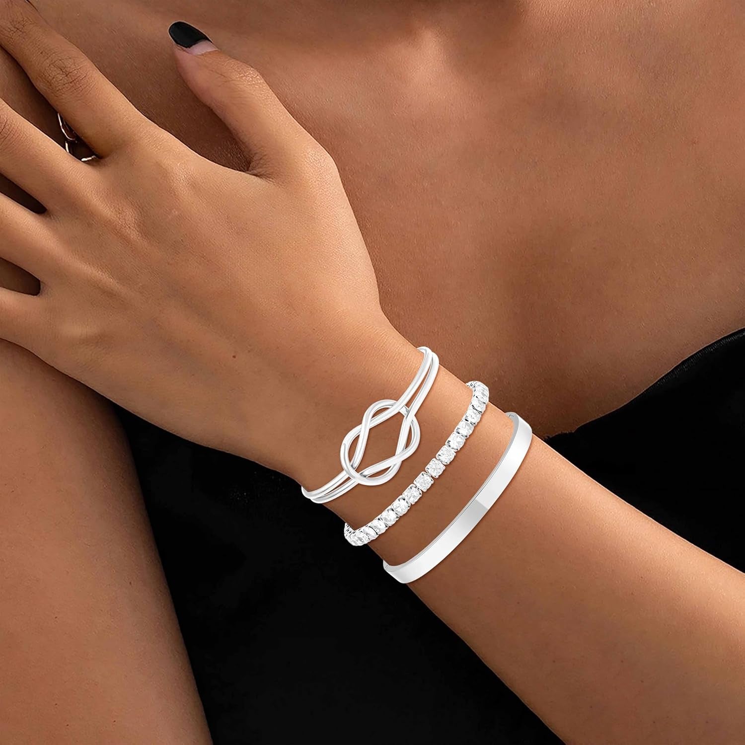 Gold Cuff Stack Bracelet for Women-18K Gold Plated Cubic Zirconia Tennis Bracelet, Love Bangle Stainless Steel Non-Tarnish Jewelry Set for Women Trendy