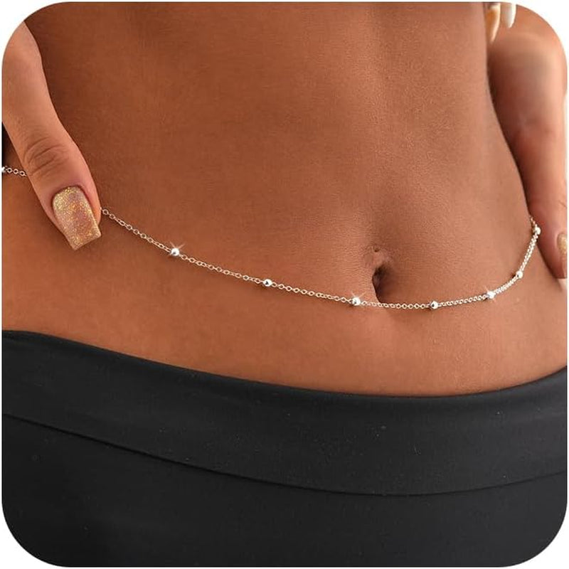 CAROVO Belly Waist Chain for Women 14K Gold Silver Plated Layered Body Chains Boho Cuban Figaro Pearl Heart Coin Satellite Bead Belly Chain Sexy Bikini Body Jewelry for Women Adjustable