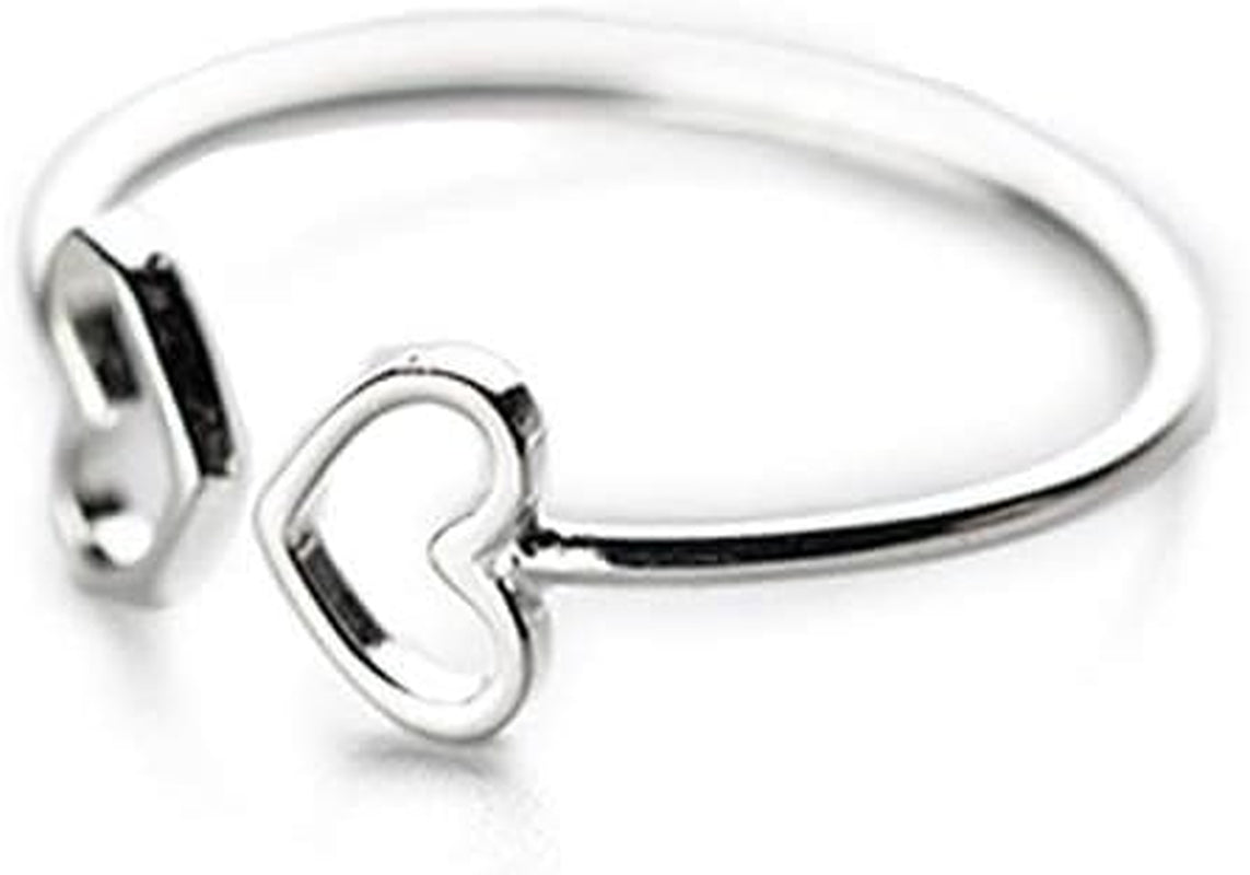 Double heart open sterling silver ring for women adjustable fit