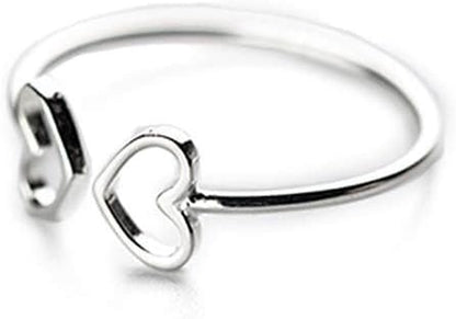 Double heart open sterling silver ring for women adjustable fit