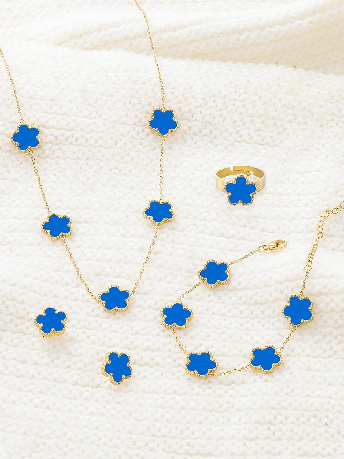 Gold Plated Five Leaf Clover Necklace Bracelet Rings and Stud Earrings Set for Women Lucky Flower Jewelry