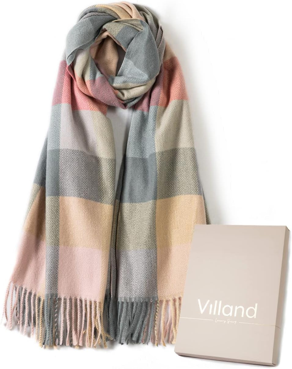 Villand Women'S Wool Scarf - Cashmere Feel Winter Checked Scarves for Women, Large Soft Thick Shawls and Wraps with Gift Box