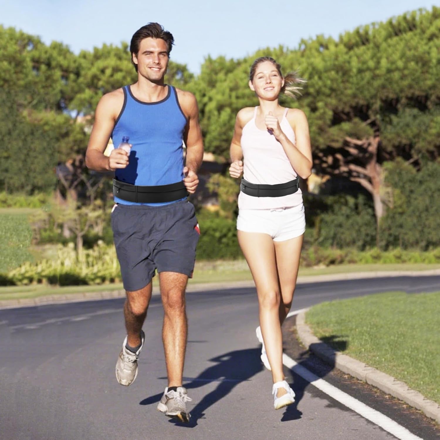 Runner wearing hands-free belt while jogging outdoors