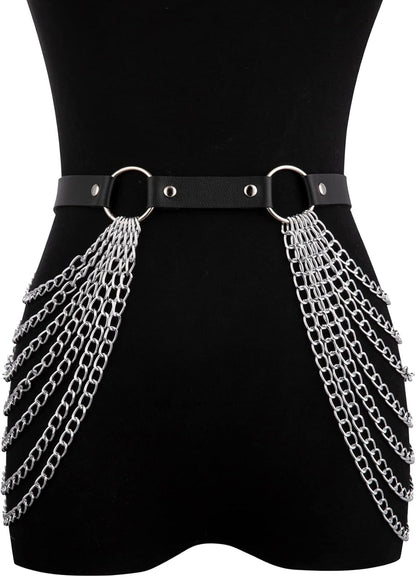 Punk Leather Body Chains for Women Layered Waist Belly Chain Belt Black Chest Chain Gothic Party Rave Body Jewelry
