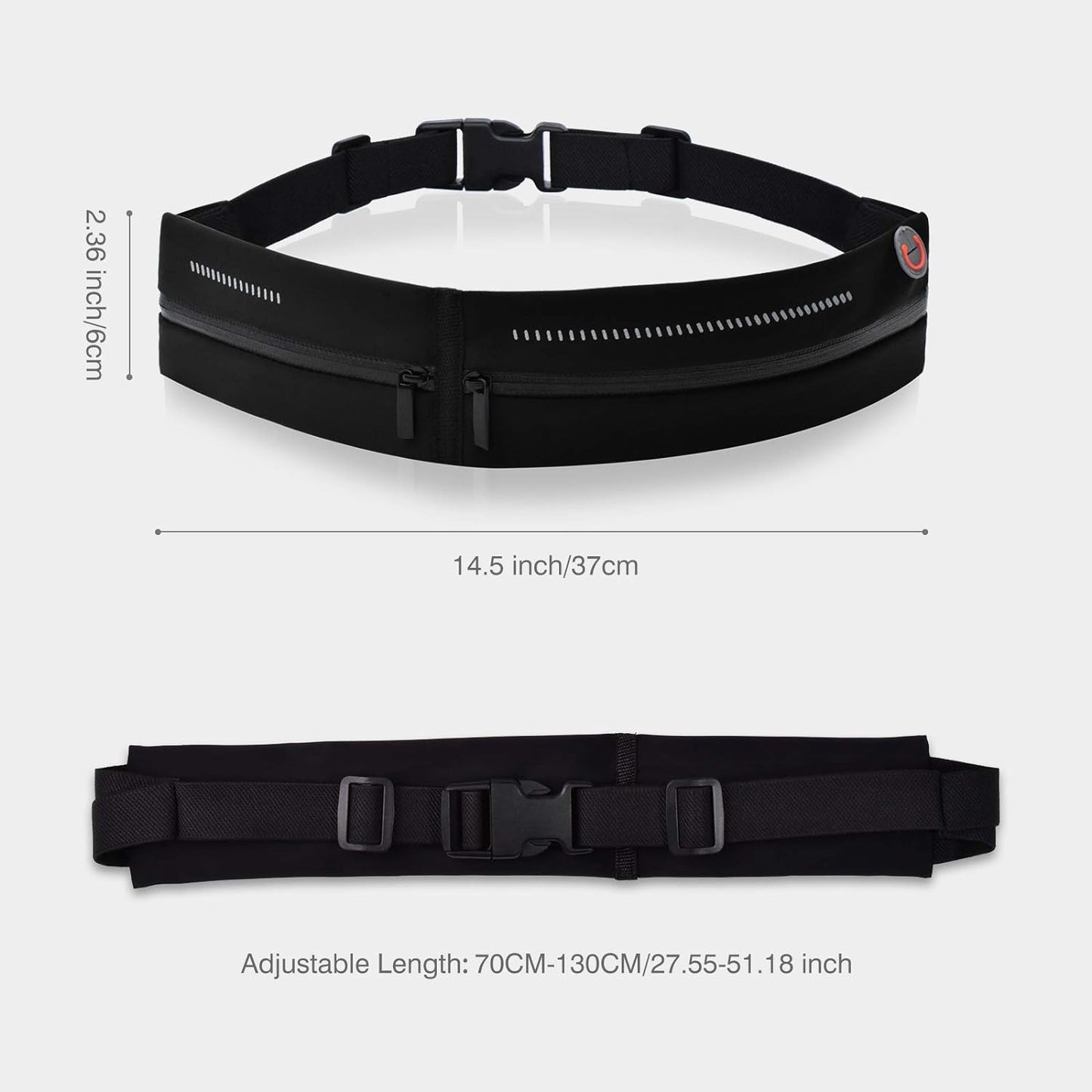Adjustable running belt fanny pack with multiple storage compartments open