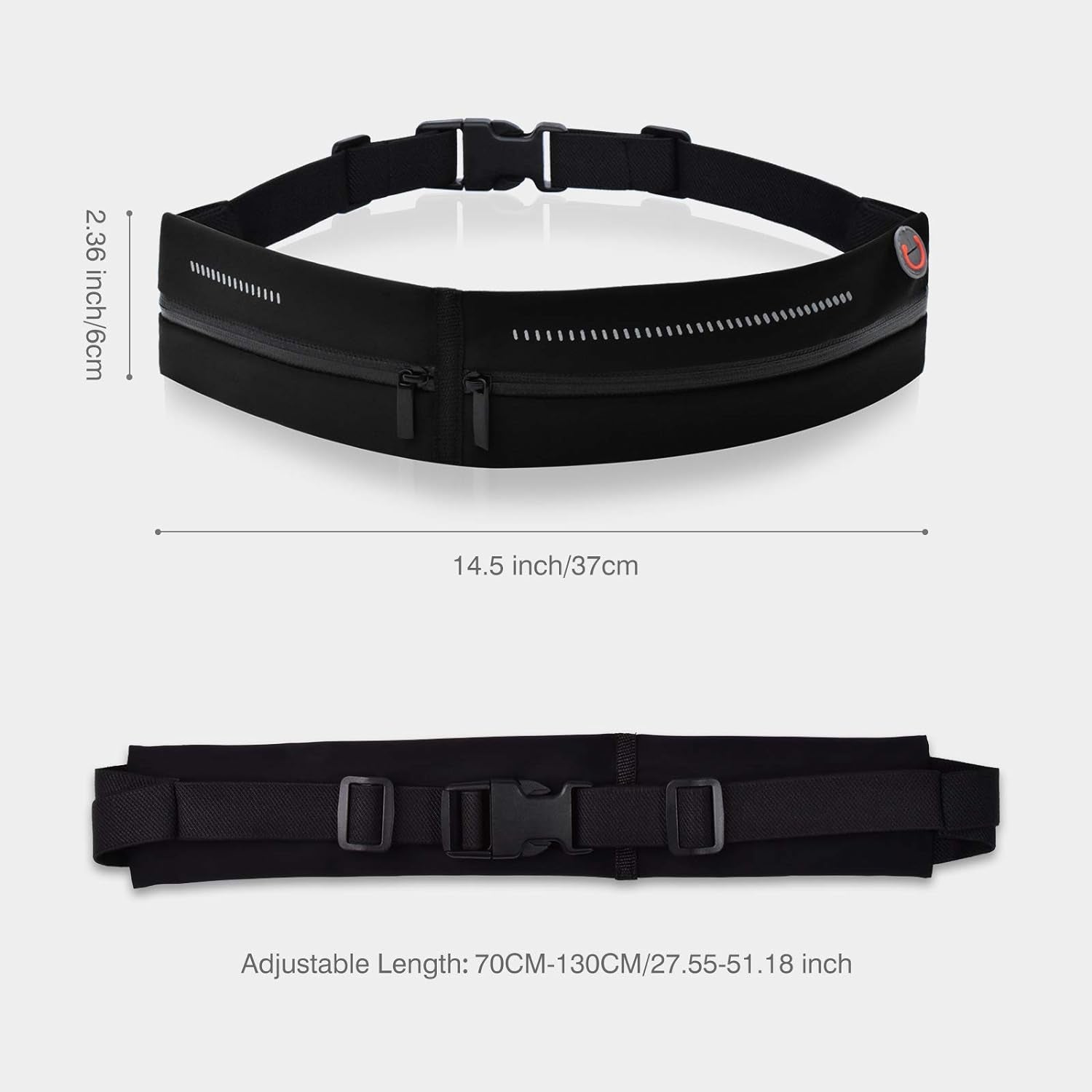 Adjustable running belt fanny pack with multiple storage compartments open