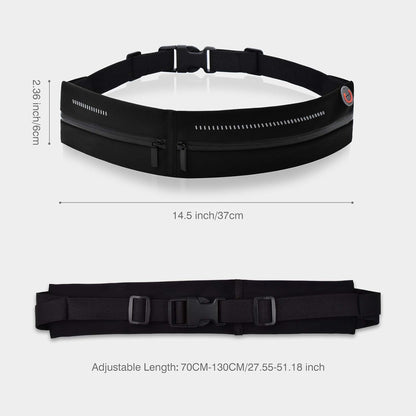 Adjustable running belt fanny pack with multiple storage compartments open