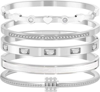 Pink Bangle Bracelets for Women, 18K Gold Plated Stackable Stainless Steel - Hypoallergenic Heart Bracelet for Friendship & Love, Perfect Jewelry Gift for Her