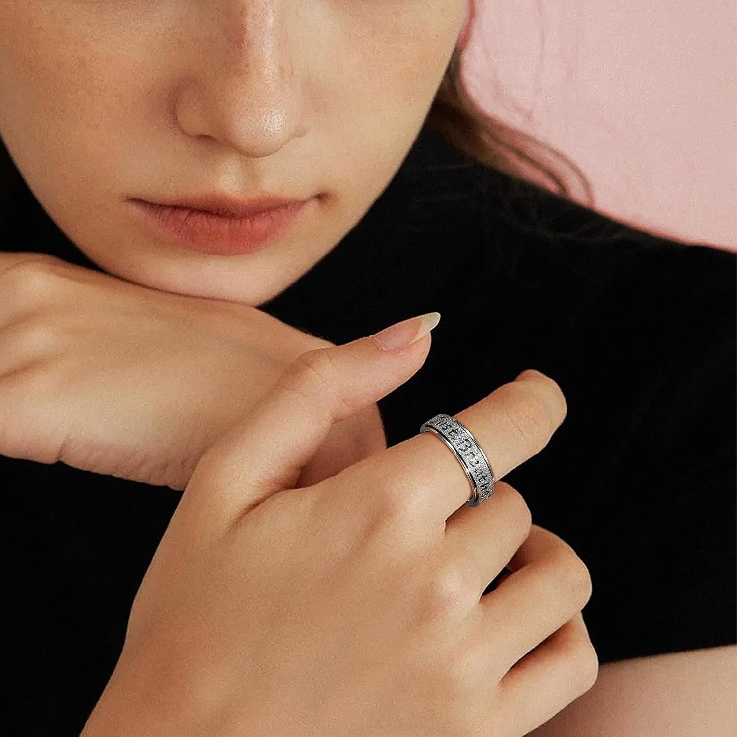 Fidget Spinner Ring for Women - Just Breathe Inspirational Hope Rings, Stainless Steel Anxiety Women'S Ring for Stress Relief, Thumb Rotating Rings for Adults Jewelry Gift for Her