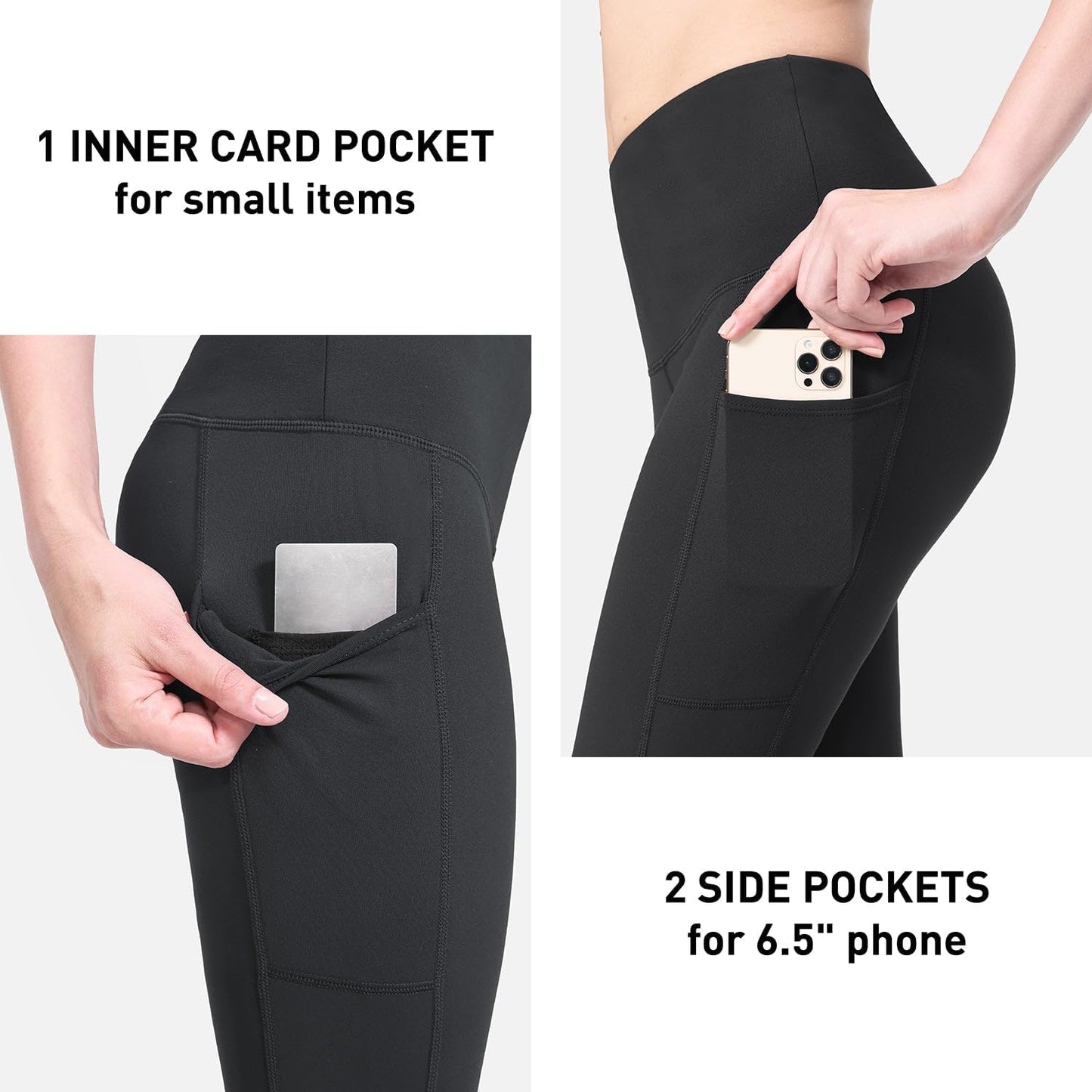 Fleece-lined legging side seam and pocket placement