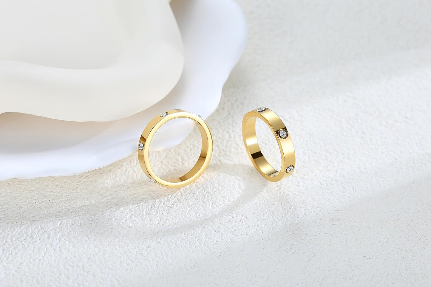 Close-up of cubic zirconia stone detail in stackable promise rings