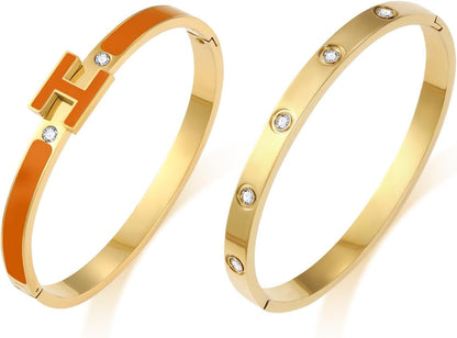 H Bracelets for Women 18K Gold Plated Bangle Bracelet Stack Cubic Zirconia Love Bangle Bracelets Set Gold Bracelet Stackable Trendy Jewelry Birthdays Christmas Gifts for Women