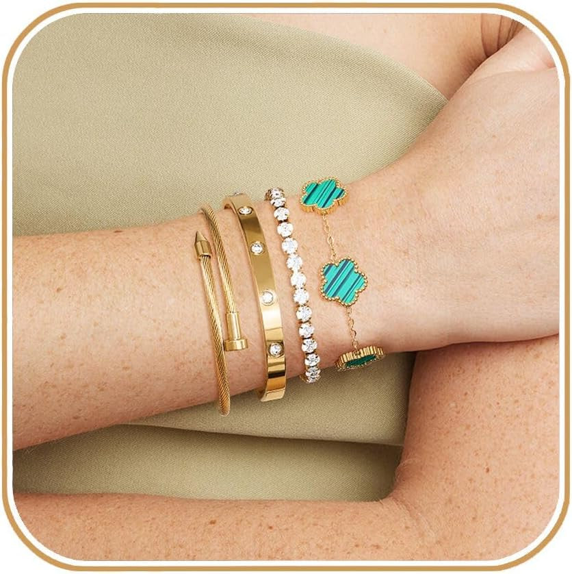 Gold Tone Clover Bracelets Set Love Bangles Bracelets for Women Non Tarnish, Stacking Bracelets Trendy Jewelry Gift for Women