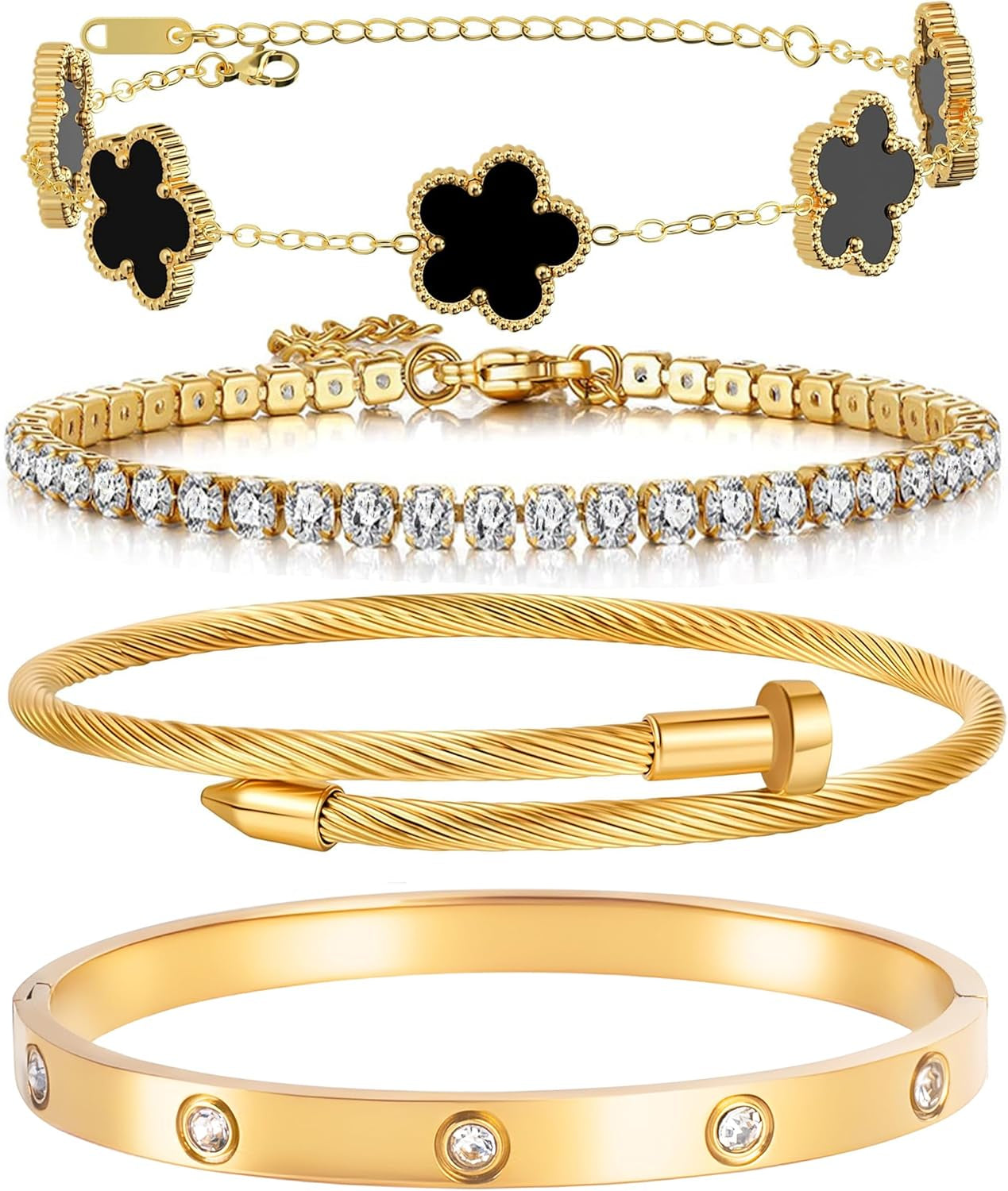 Trendy nail and clover gold bracelet set for women jewelry