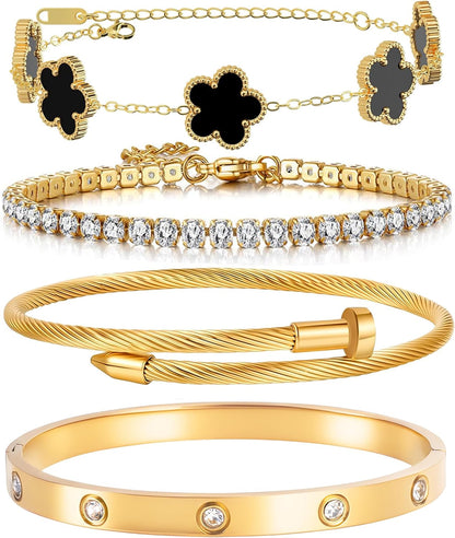 Trendy nail and clover gold bracelet set for women jewelry