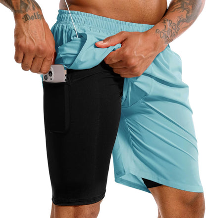 TENJOY Men'S 2 in 1 Running Shorts 5 in or 7 in Quick Dry Gym Athletic Workout Shorts for Men with Phone Pockets