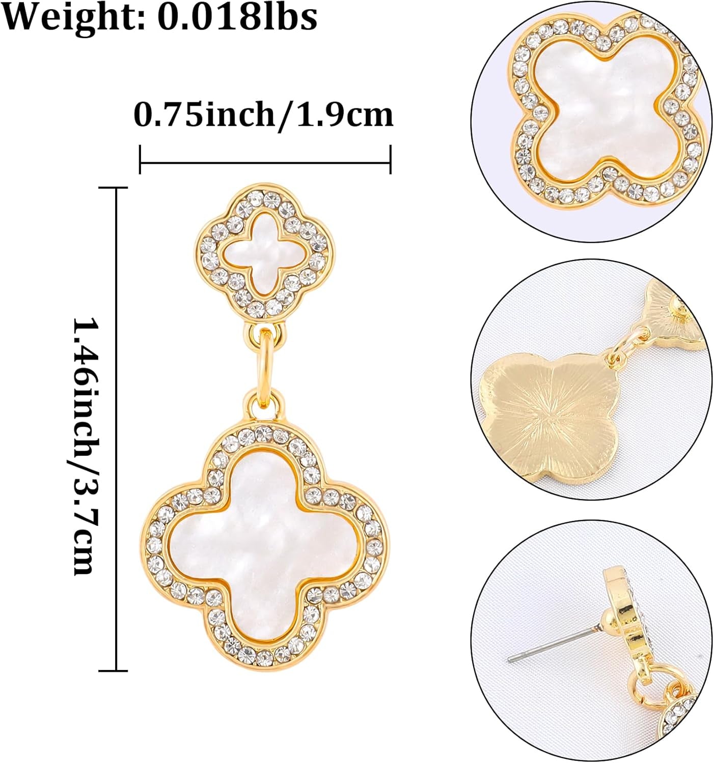 Gold Clover Earrings for Women, Elegant Dangle Lucky Four Leaf Clover Earrings with Shining Cubic Zirconia Mother of Pearl Flower Statement Earrings Trendy Jewelry Gift