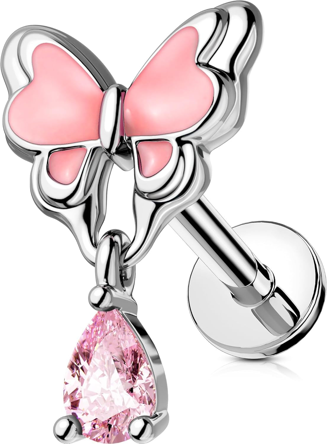 OUFER Pink Dangle Butterfly Cartilage Earrings Studs, Silver 16G Helix Earrings Flat Back Internally Threaded Helix Cartilage Tragus Piercing Jewelry for Women Men-6Mm