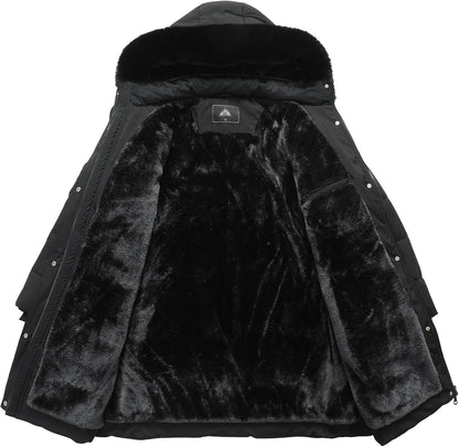 Plus size winter coat modeled on woman outdoor setting