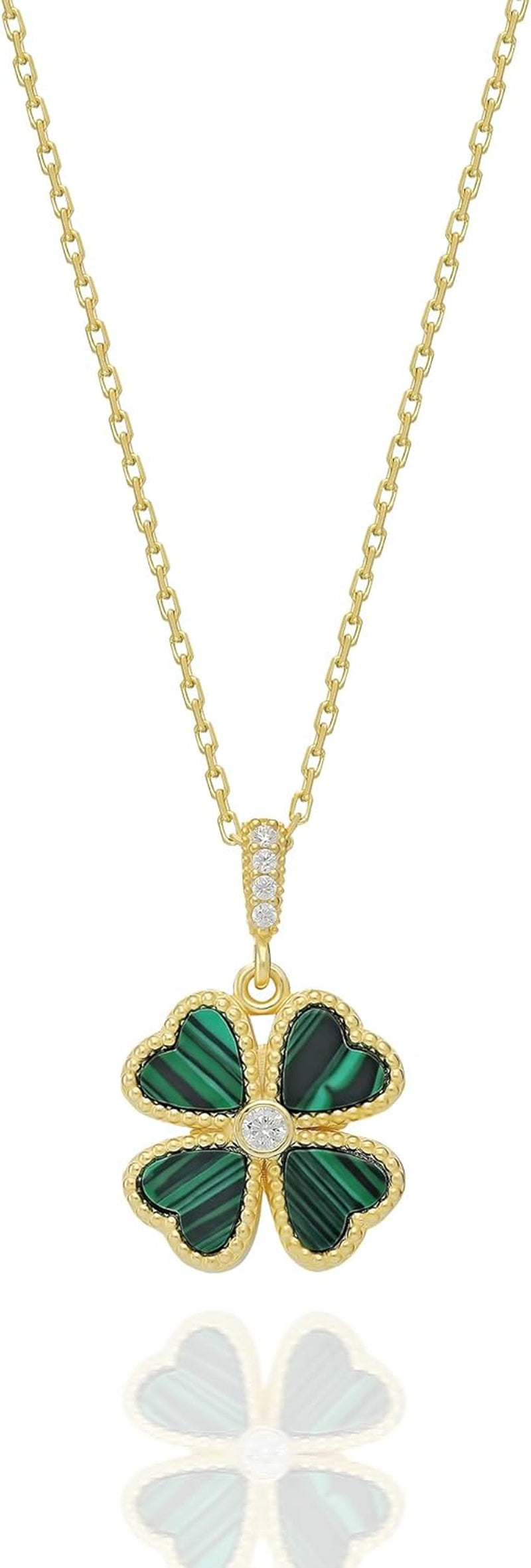 Four Leaf Clover Necklace, Gold-Plated Chain, Malachite Green Hearts, Crystal Center