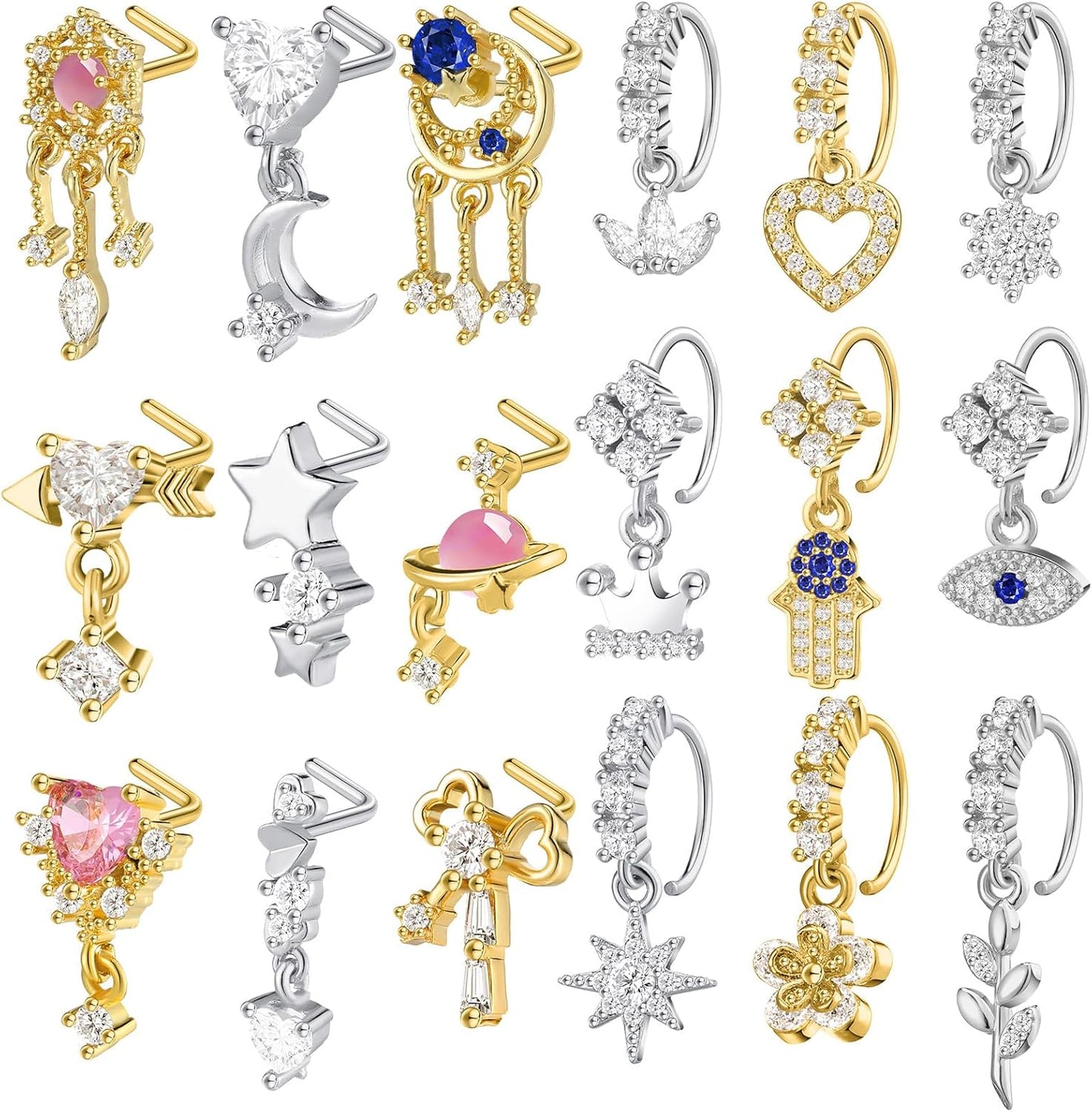 Junkin 18 Pcs 20G Nose Rings Dangle for Women Christmas Nose Rings Gifts L Shaped Stud Hoop Cute Star Heart round Jewelry Dangle Studs Ring for Women Girl Wife Gifts(Gold)